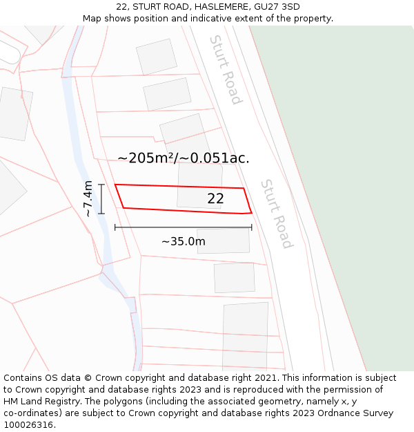 22, STURT ROAD, HASLEMERE, GU27 3SD: Plot and title map