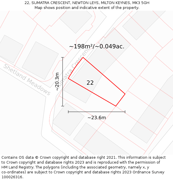 22, SUMATRA CRESCENT, NEWTON LEYS, MILTON KEYNES, MK3 5GH: Plot and title map