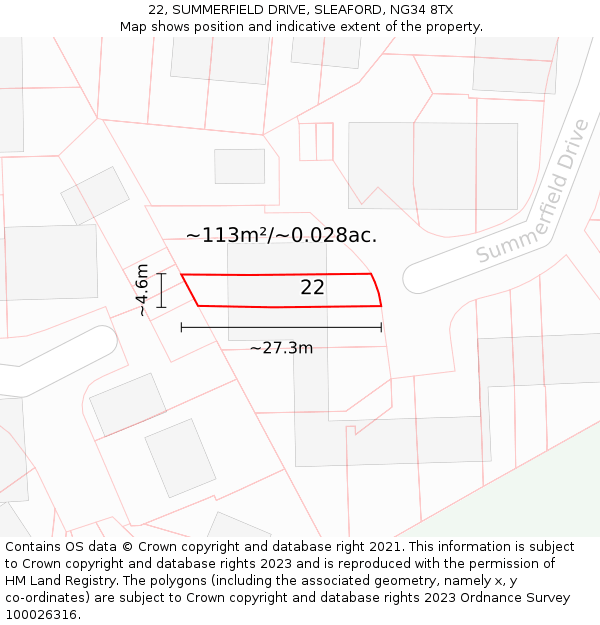 22, SUMMERFIELD DRIVE, SLEAFORD, NG34 8TX: Plot and title map