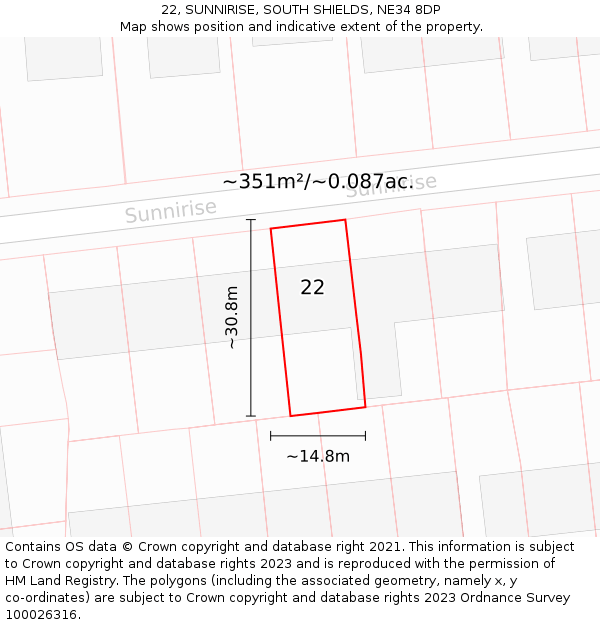22, SUNNIRISE, SOUTH SHIELDS, NE34 8DP: Plot and title map