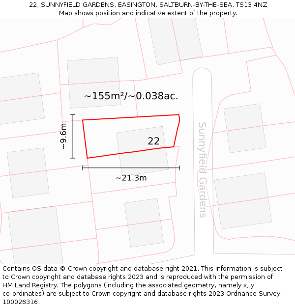 22, SUNNYFIELD GARDENS, EASINGTON, SALTBURN-BY-THE-SEA, TS13 4NZ: Plot and title map