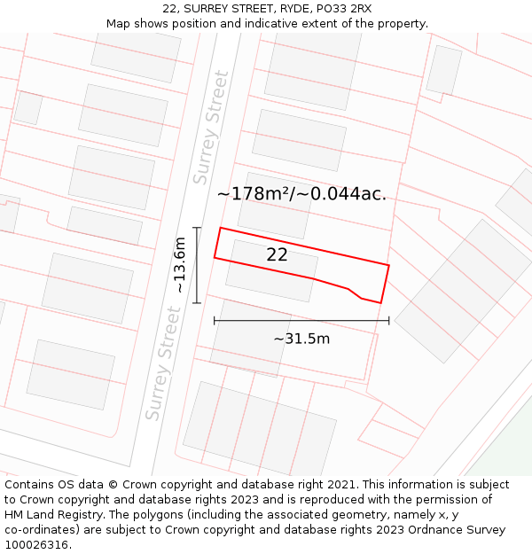 22, SURREY STREET, RYDE, PO33 2RX: Plot and title map