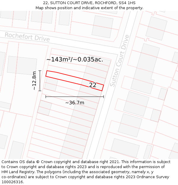 22, SUTTON COURT DRIVE, ROCHFORD, SS4 1HS: Plot and title map