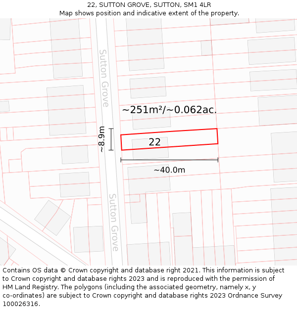 22, SUTTON GROVE, SUTTON, SM1 4LR: Plot and title map