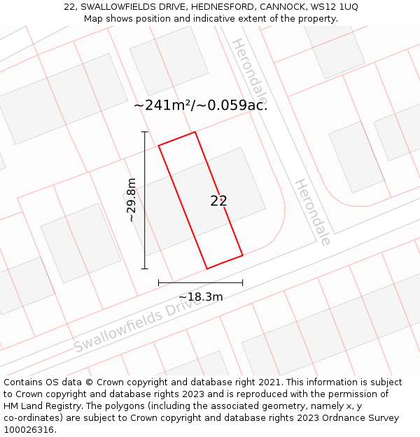 22, SWALLOWFIELDS DRIVE, HEDNESFORD, CANNOCK, WS12 1UQ: Plot and title map