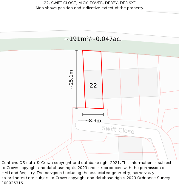 22, SWIFT CLOSE, MICKLEOVER, DERBY, DE3 9XF: Plot and title map