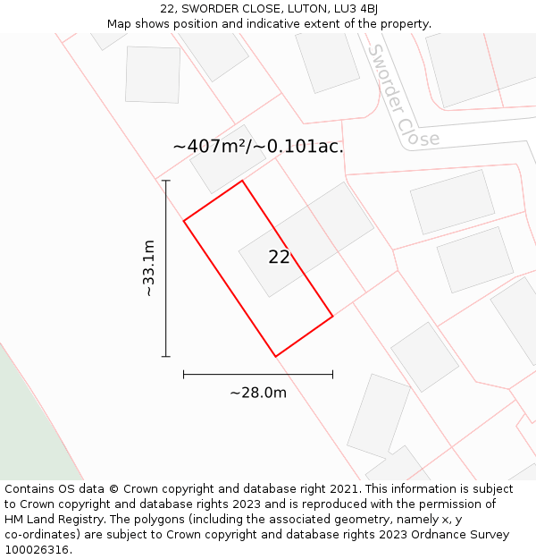 22, SWORDER CLOSE, LUTON, LU3 4BJ: Plot and title map