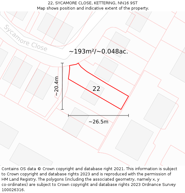 22, SYCAMORE CLOSE, KETTERING, NN16 9ST: Plot and title map