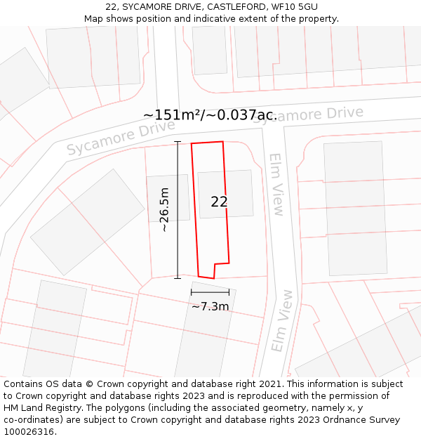22, SYCAMORE DRIVE, CASTLEFORD, WF10 5GU: Plot and title map