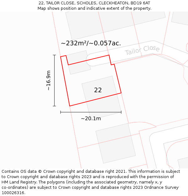 22, TAILOR CLOSE, SCHOLES, CLECKHEATON, BD19 6AT: Plot and title map