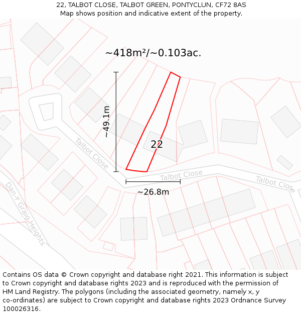 22, TALBOT CLOSE, TALBOT GREEN, PONTYCLUN, CF72 8AS: Plot and title map
