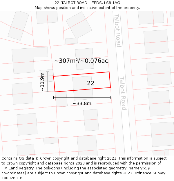 22, TALBOT ROAD, LEEDS, LS8 1AG: Plot and title map
