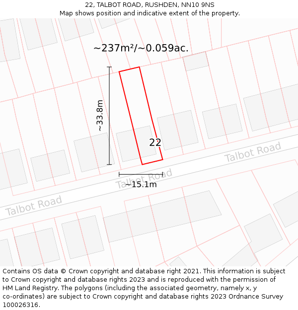 22, TALBOT ROAD, RUSHDEN, NN10 9NS: Plot and title map