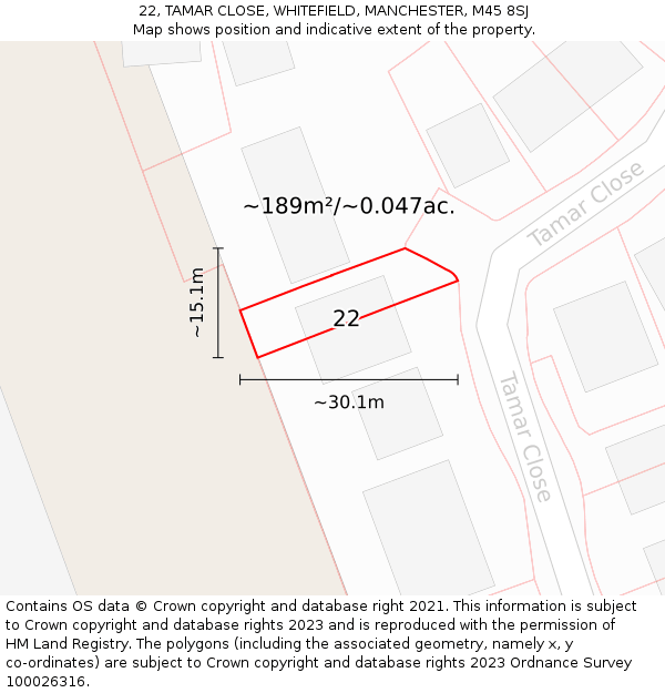 22, TAMAR CLOSE, WHITEFIELD, MANCHESTER, M45 8SJ: Plot and title map