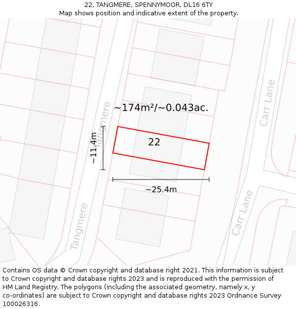 22, TANGMERE, SPENNYMOOR, DL16 6TY: Plot and title map