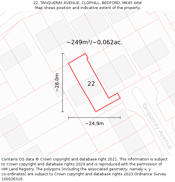 22, TANQUERAY AVENUE, CLOPHILL, BEDFORD, MK45 4AW: Plot and title map