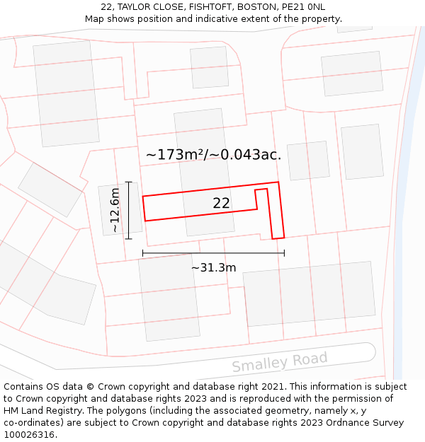 22, TAYLOR CLOSE, FISHTOFT, BOSTON, PE21 0NL: Plot and title map