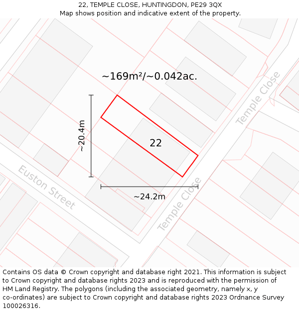 22, TEMPLE CLOSE, HUNTINGDON, PE29 3QX: Plot and title map