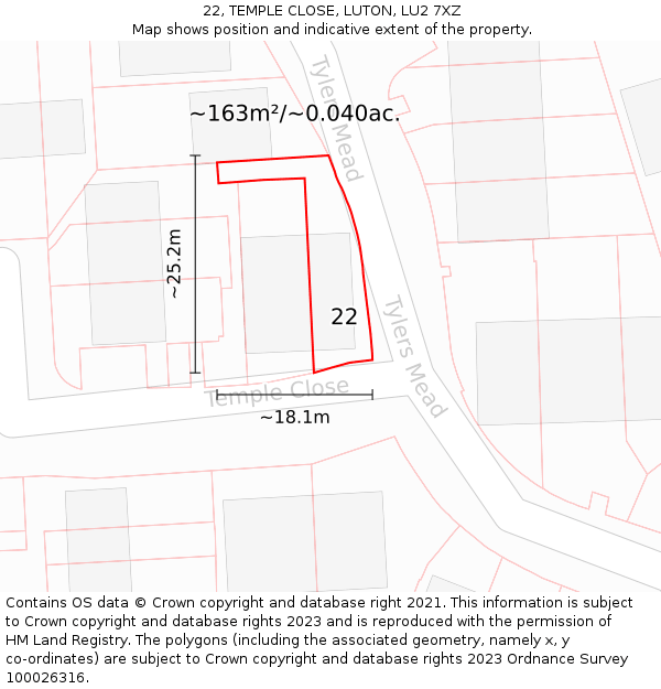 22, TEMPLE CLOSE, LUTON, LU2 7XZ: Plot and title map