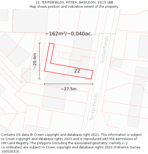 22, TENTERFIELDS, PITSEA, BASILDON, SS13 1BB: Plot and title map