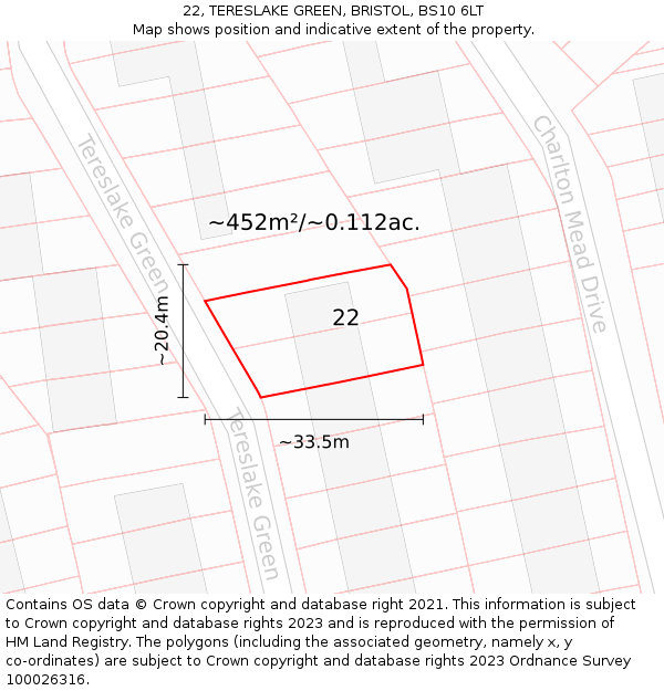 22, TERESLAKE GREEN, BRISTOL, BS10 6LT: Plot and title map