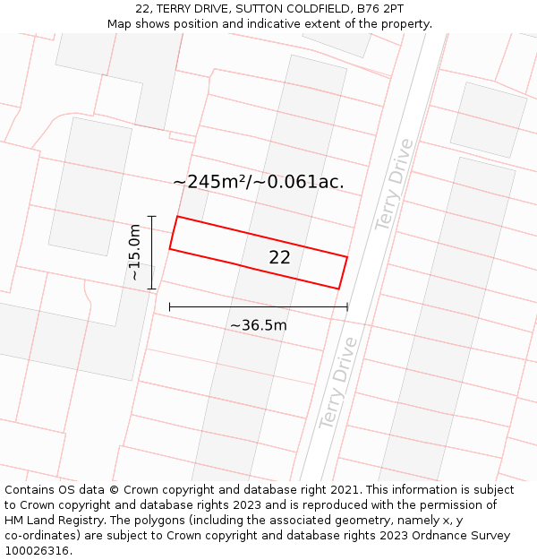 22, TERRY DRIVE, SUTTON COLDFIELD, B76 2PT: Plot and title map