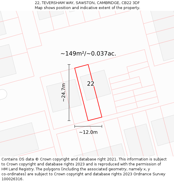 22, TEVERSHAM WAY, SAWSTON, CAMBRIDGE, CB22 3DF: Plot and title map