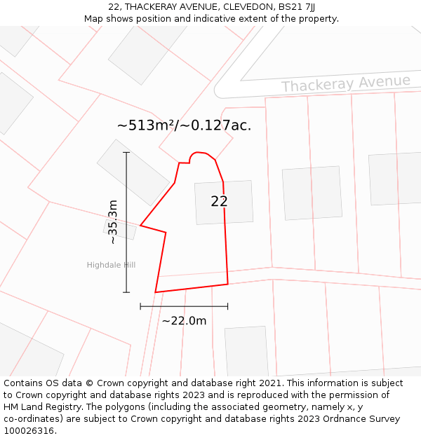 22, THACKERAY AVENUE, CLEVEDON, BS21 7JJ: Plot and title map