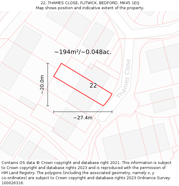 22, THAMES CLOSE, FLITWICK, BEDFORD, MK45 1EQ: Plot and title map