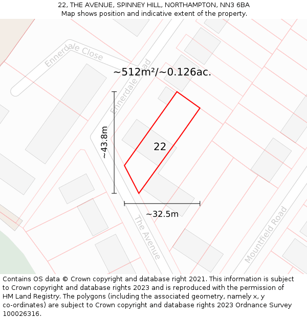 22, THE AVENUE, SPINNEY HILL, NORTHAMPTON, NN3 6BA: Plot and title map