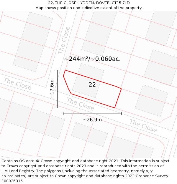 22, THE CLOSE, LYDDEN, DOVER, CT15 7LD: Plot and title map