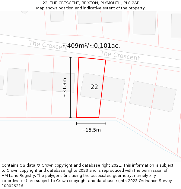 22, THE CRESCENT, BRIXTON, PLYMOUTH, PL8 2AP: Plot and title map