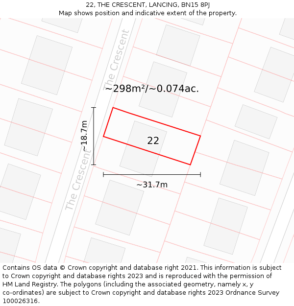 22, THE CRESCENT, LANCING, BN15 8PJ: Plot and title map