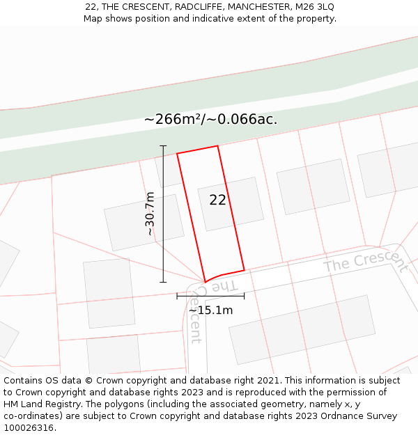 22, THE CRESCENT, RADCLIFFE, MANCHESTER, M26 3LQ: Plot and title map