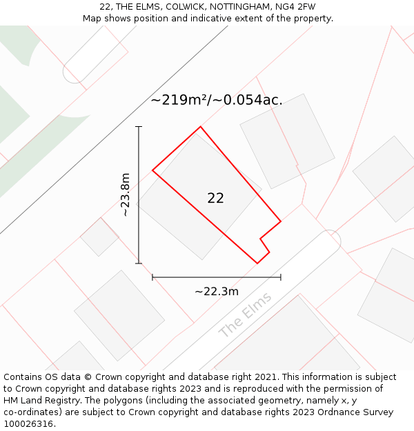 22, THE ELMS, COLWICK, NOTTINGHAM, NG4 2FW: Plot and title map