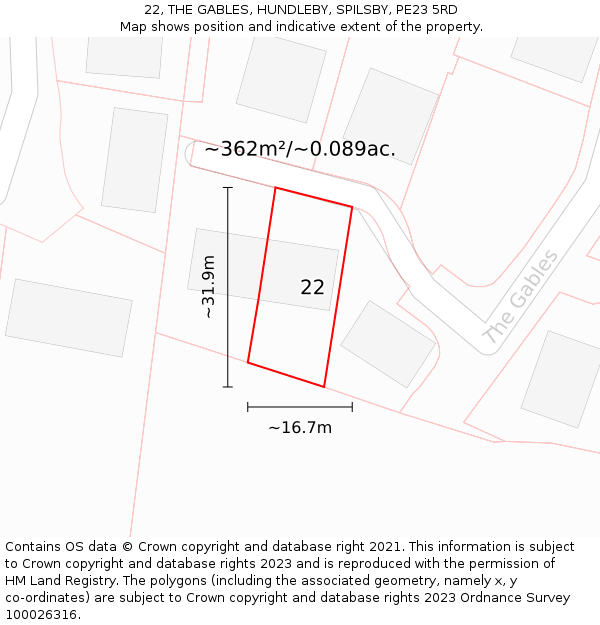 22, THE GABLES, HUNDLEBY, SPILSBY, PE23 5RD: Plot and title map