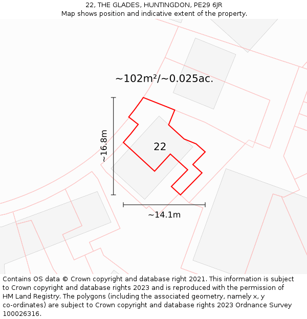 22, THE GLADES, HUNTINGDON, PE29 6JR: Plot and title map