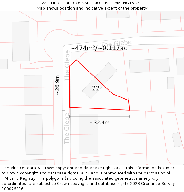 22, THE GLEBE, COSSALL, NOTTINGHAM, NG16 2SG: Plot and title map