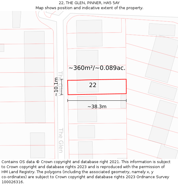 22, THE GLEN, PINNER, HA5 5AY: Plot and title map