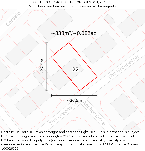 22, THE GREENACRES, HUTTON, PRESTON, PR4 5SR: Plot and title map