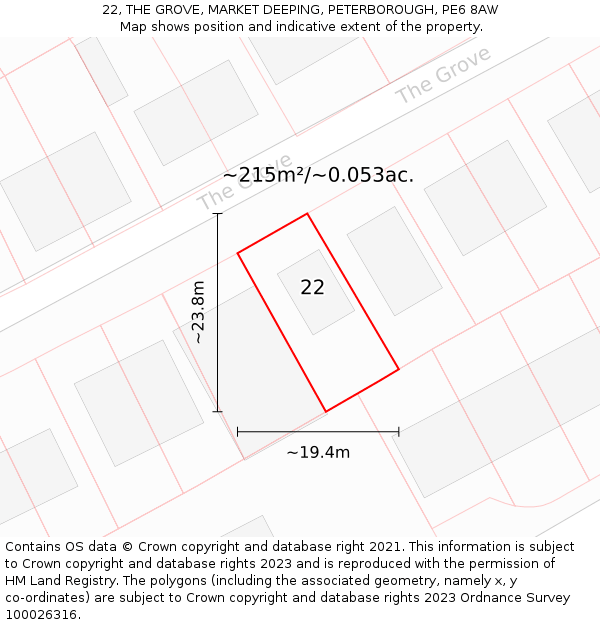 22, THE GROVE, MARKET DEEPING, PETERBOROUGH, PE6 8AW: Plot and title map