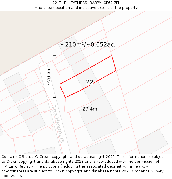 22, THE HEATHERS, BARRY, CF62 7FL: Plot and title map