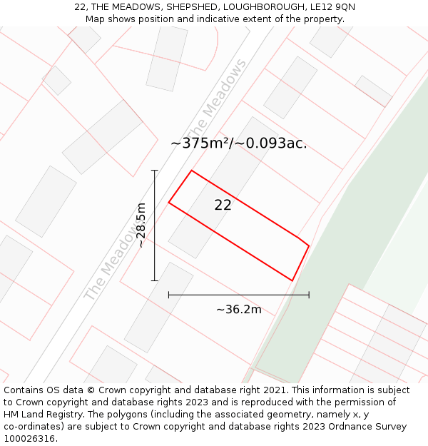22, THE MEADOWS, SHEPSHED, LOUGHBOROUGH, LE12 9QN: Plot and title map