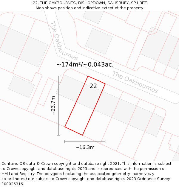 22, THE OAKBOURNES, BISHOPDOWN, SALISBURY, SP1 3FZ: Plot and title map