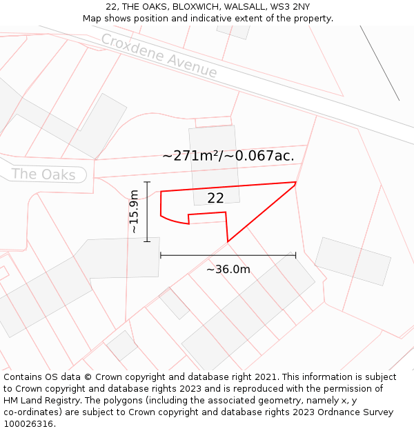 22, THE OAKS, BLOXWICH, WALSALL, WS3 2NY: Plot and title map
