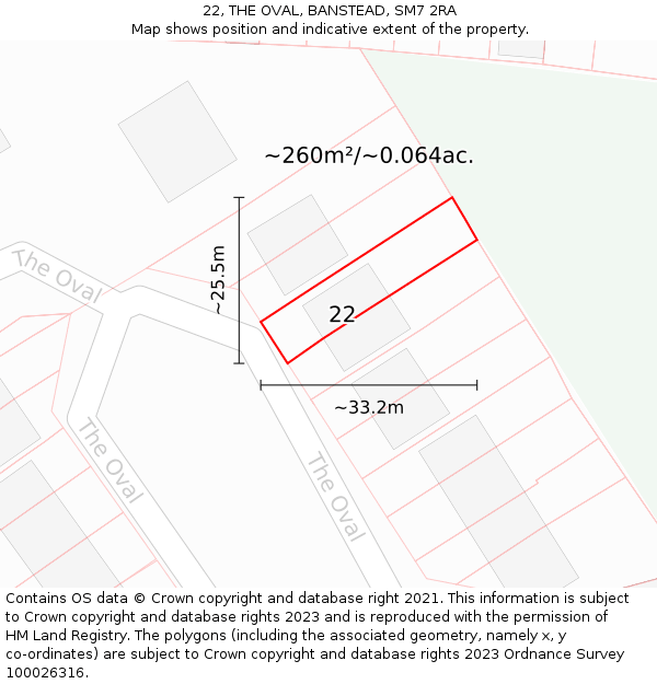 22, THE OVAL, BANSTEAD, SM7 2RA: Plot and title map