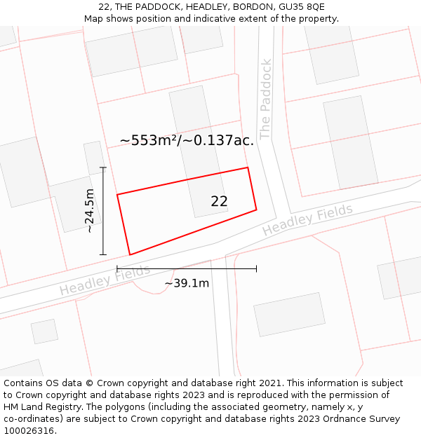 22, THE PADDOCK, HEADLEY, BORDON, GU35 8QE: Plot and title map