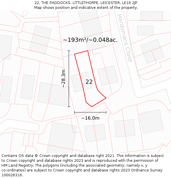 22, THE PADDOCKS, LITTLETHORPE, LEICESTER, LE19 2JP: Plot and title map