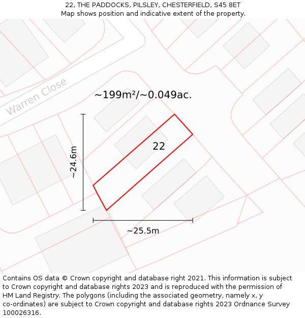 22, THE PADDOCKS, PILSLEY, CHESTERFIELD, S45 8ET: Plot and title map
