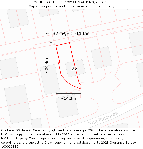 22, THE PASTURES, COWBIT, SPALDING, PE12 6FL: Plot and title map